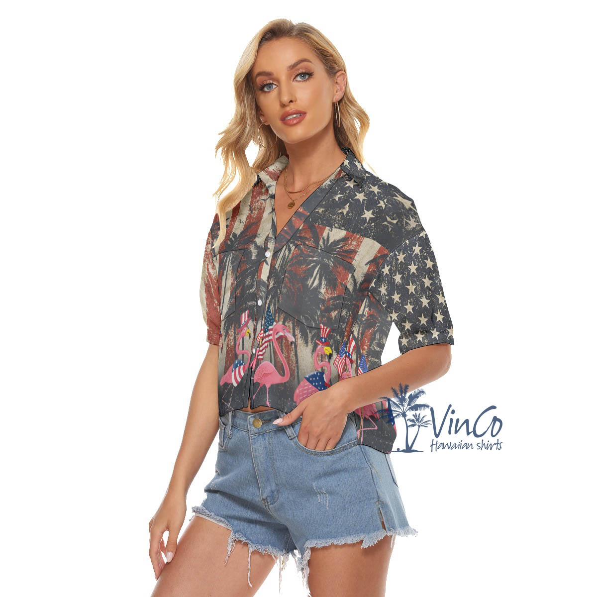 American Flag 4th Of July Flamingo Hawaiian Cropped Shirt For Women
