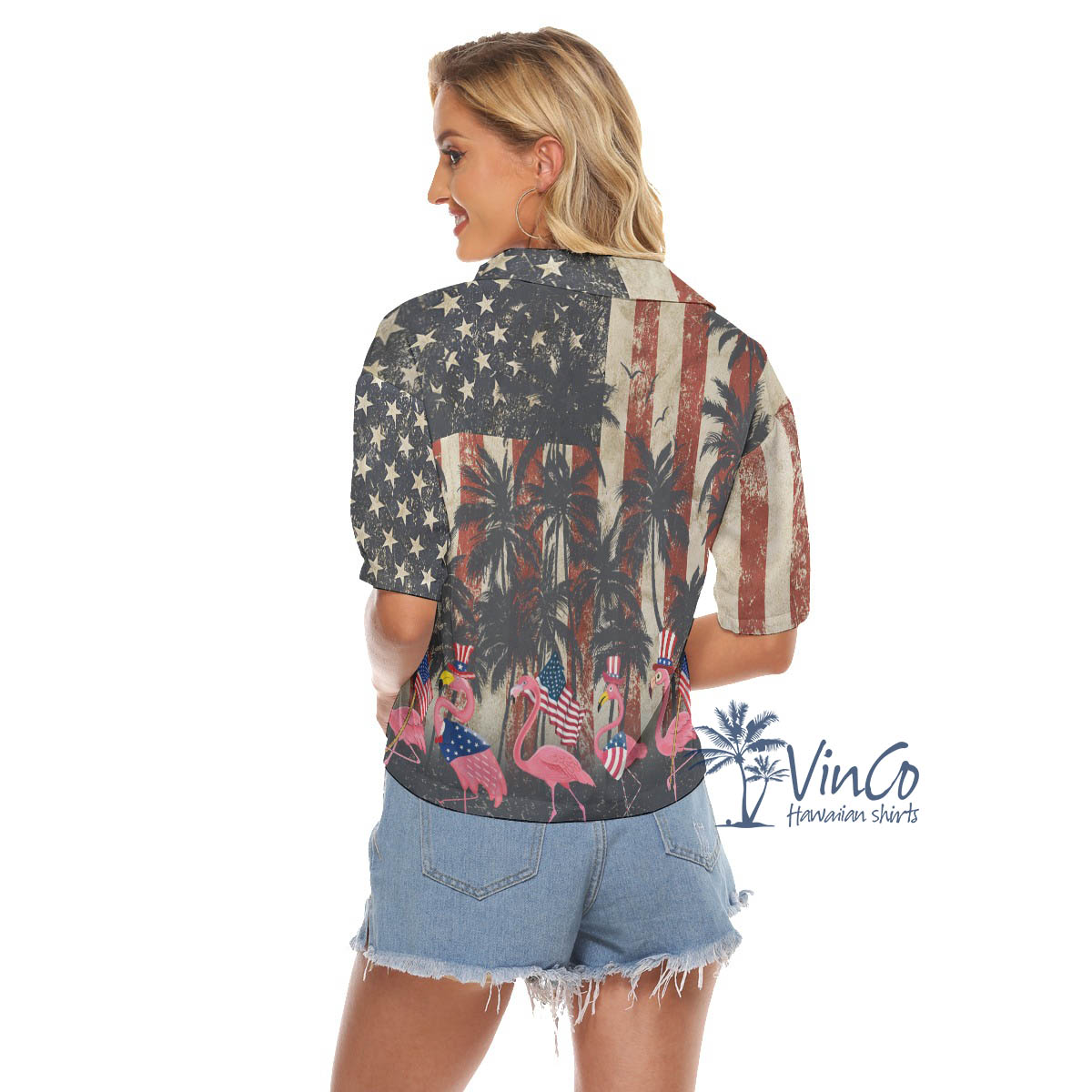 American Flag 4th Of July Flamingo Hawaiian Cropped Shirt For Women