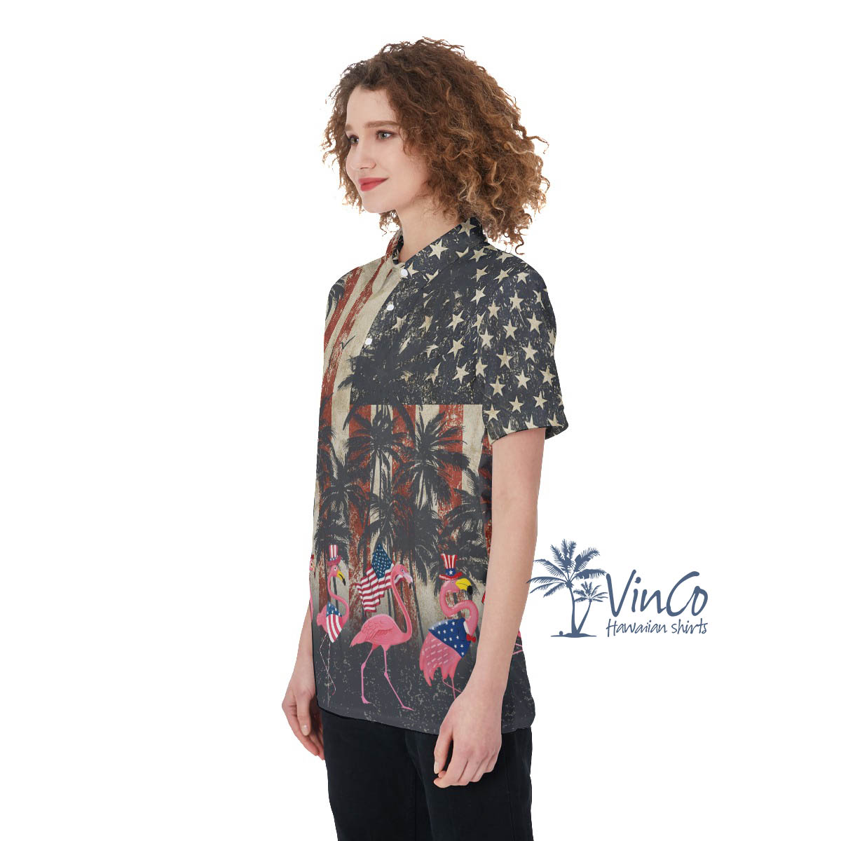 Funny American Flag Patriotic Flamingo Hawaiian Shirt For Women