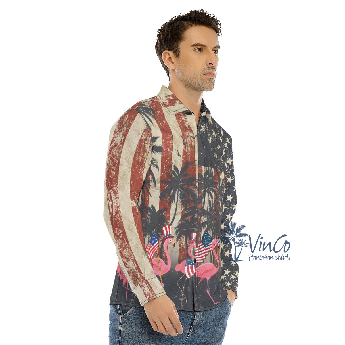 American Flag Flamingo Hawaiian Long Sleeve Shirt For Men
