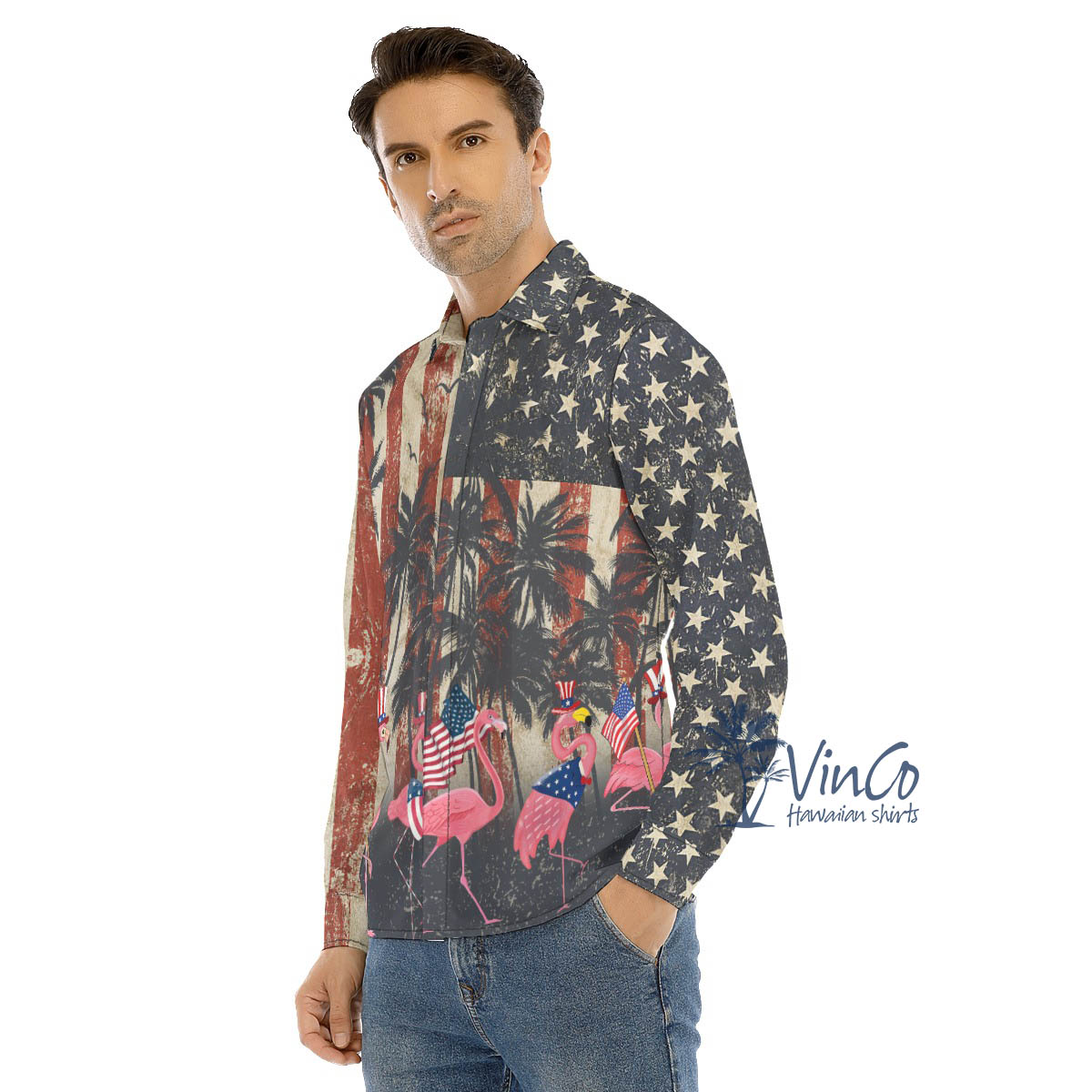American Flag Flamingo Hawaiian Long Sleeve Shirt For Men