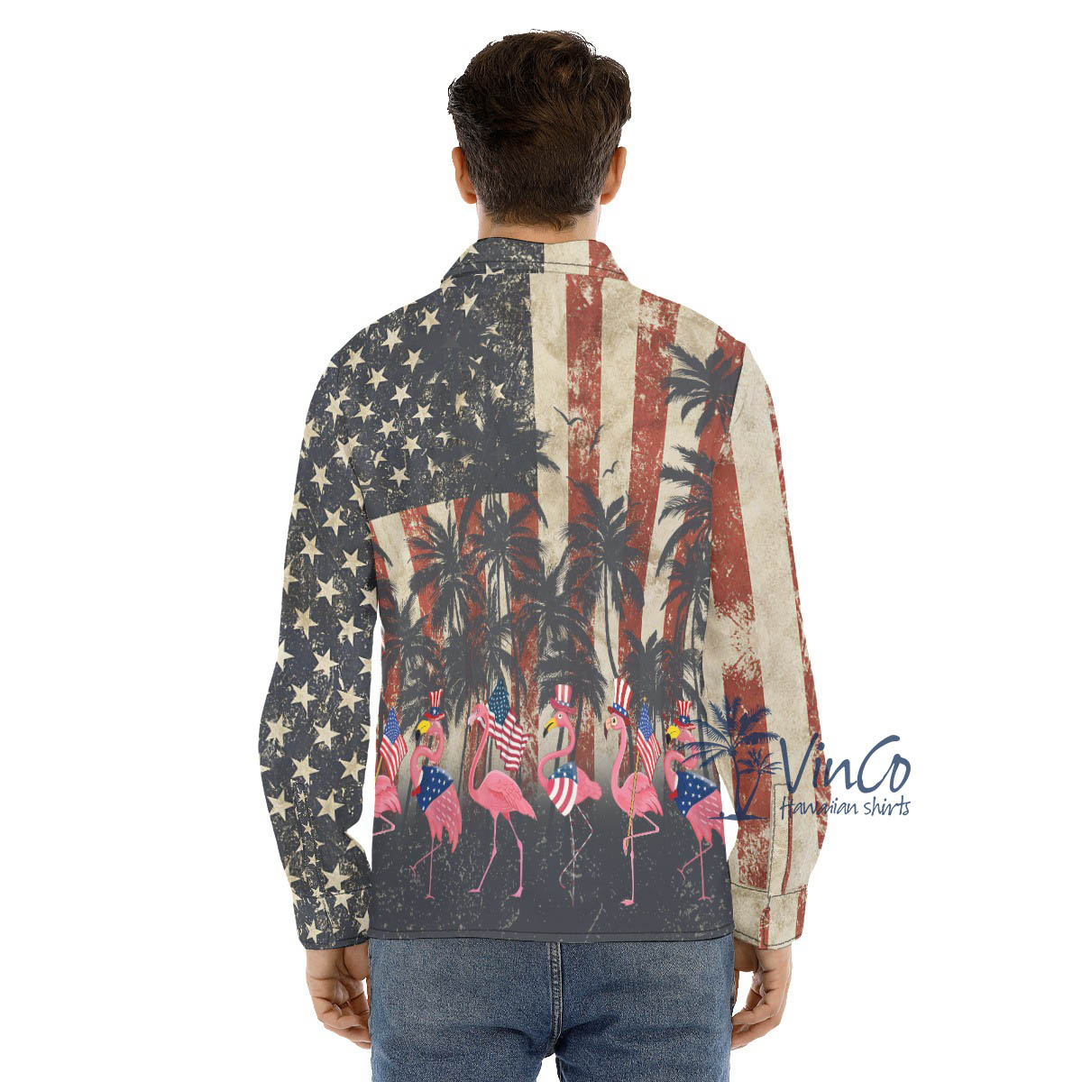 American Flag Flamingo Hawaiian Long Sleeve Shirt For Men