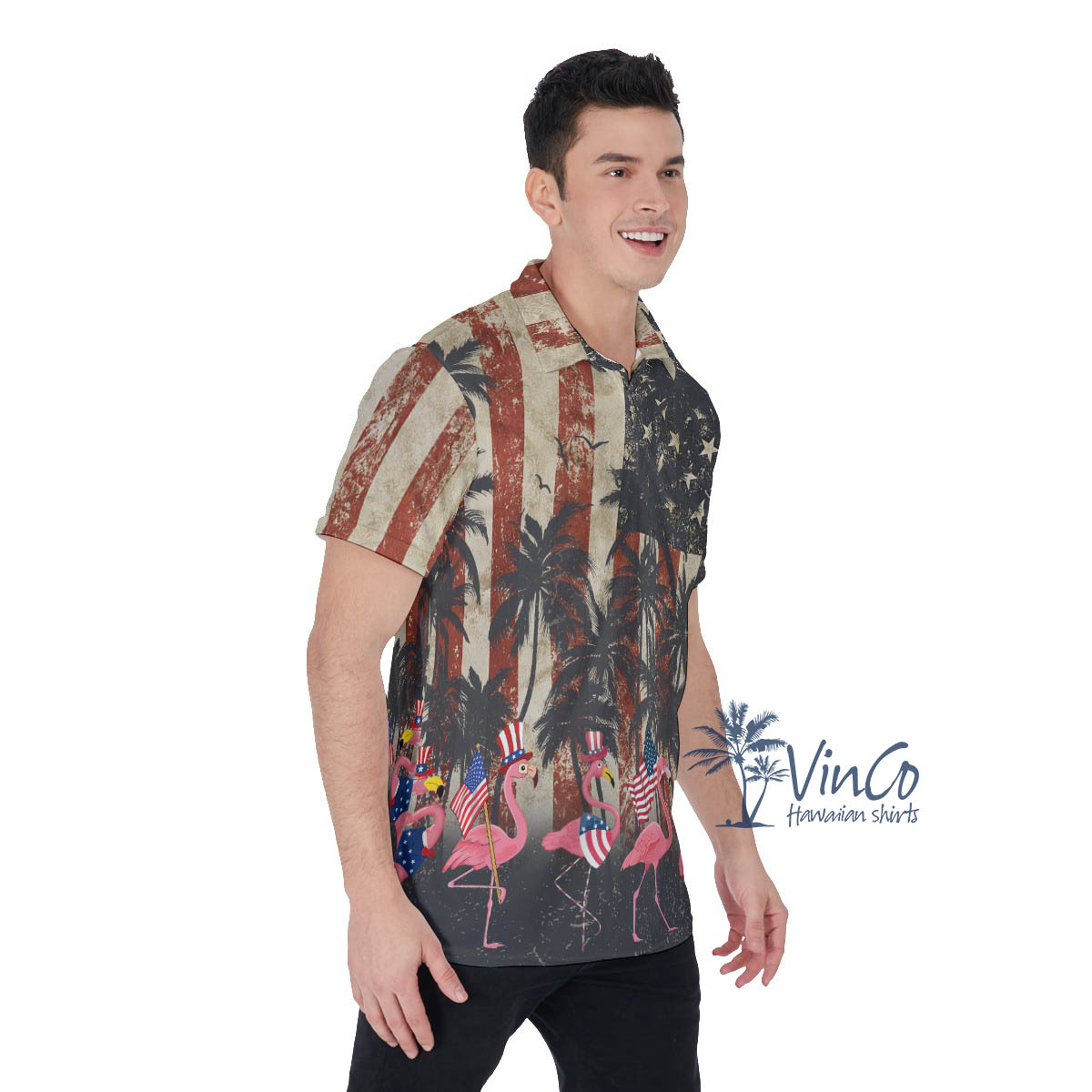 Funny American Flag Flamingo Hawaiian Polo Shirt For Men
