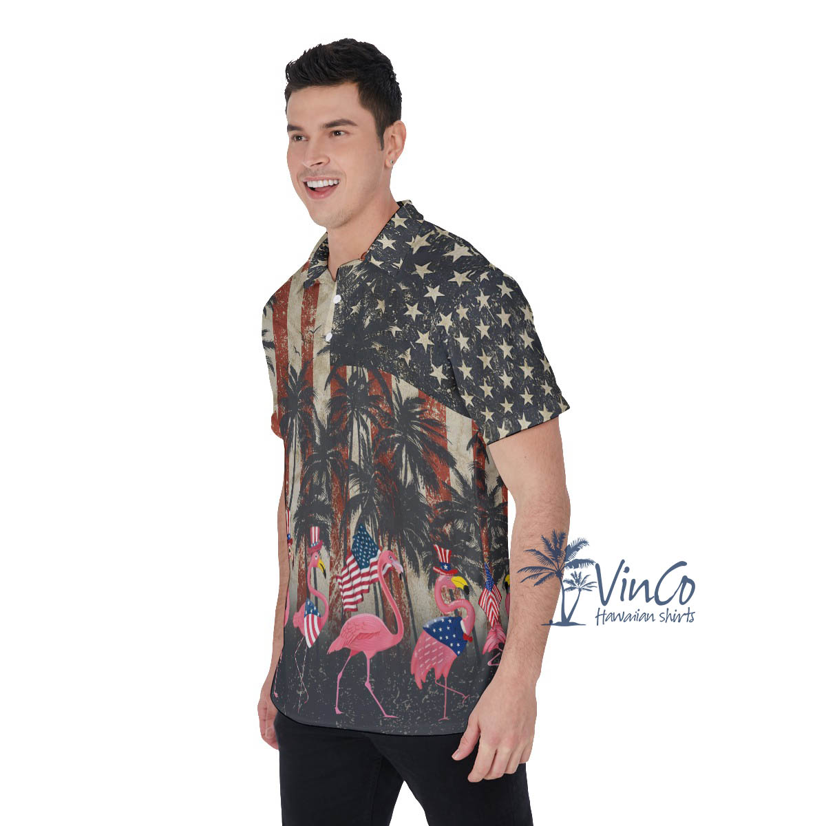 Funny American Flag Flamingo Hawaiian Polo Shirt For Men