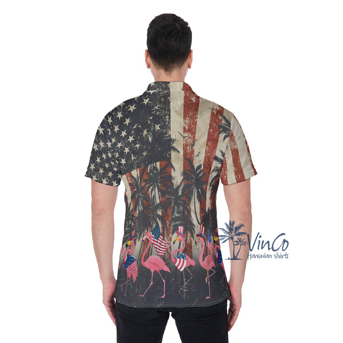 Funny American Flag Flamingo Hawaiian Polo Shirt For Men