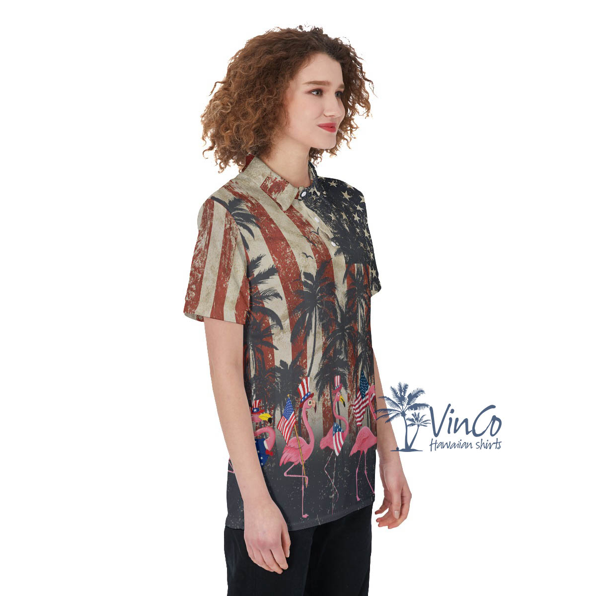 Funny Flamingo American Flag Women's Hawaiian Polo Shirt