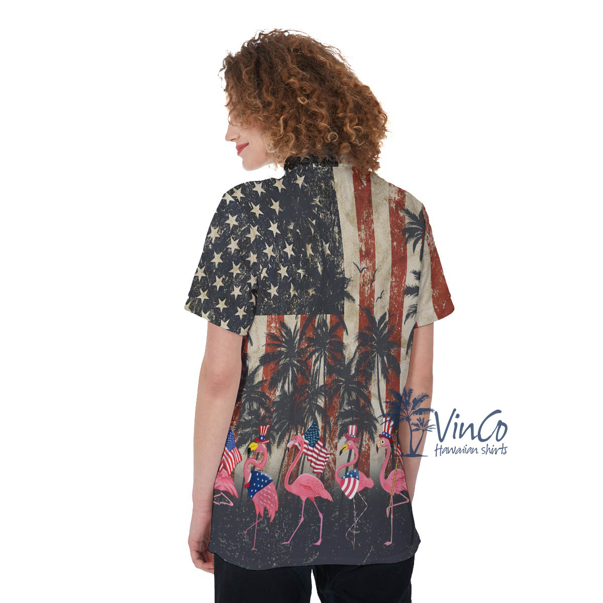 Funny Flamingo American Flag Women's Hawaiian Polo Shirt