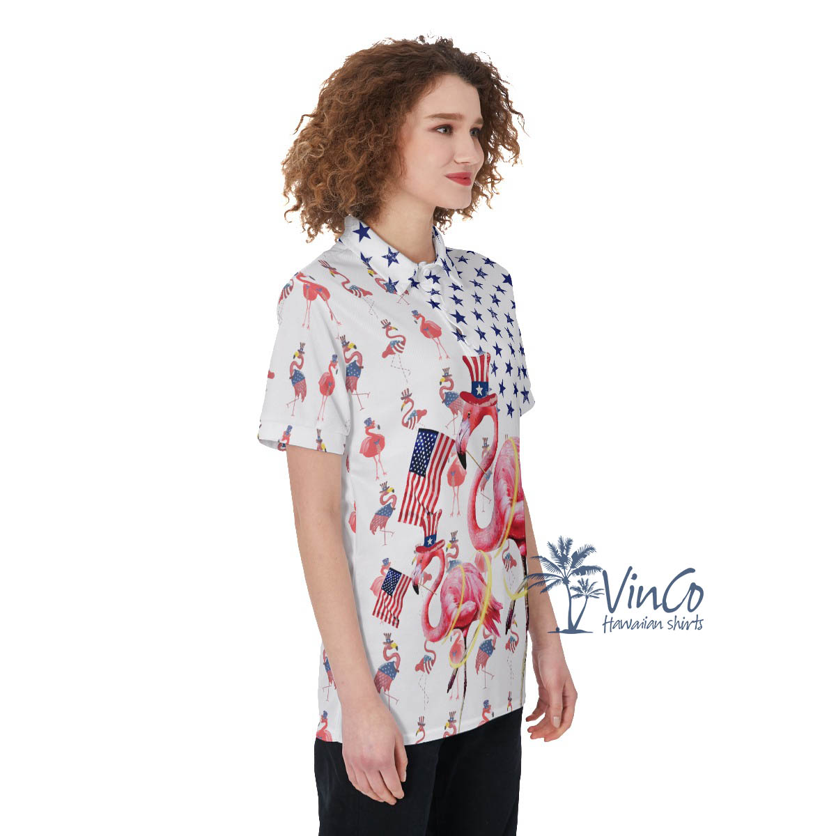 Funny Flamingo Patriotic Women's Hawaiian Polo Shirt