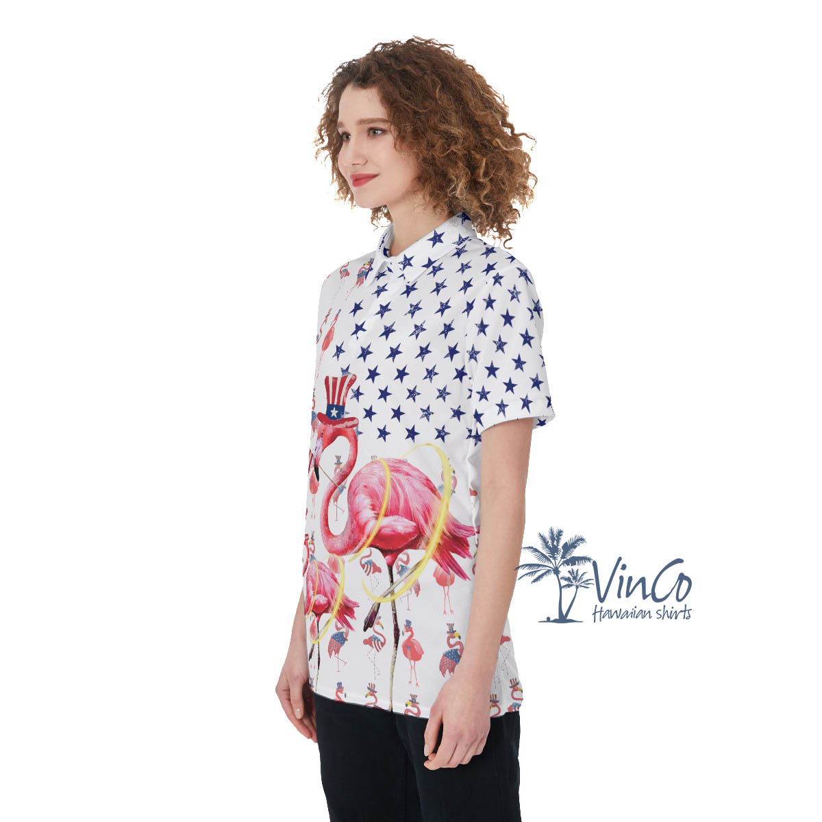 Funny Flamingo Patriotic Women's Hawaiian Polo Shirt