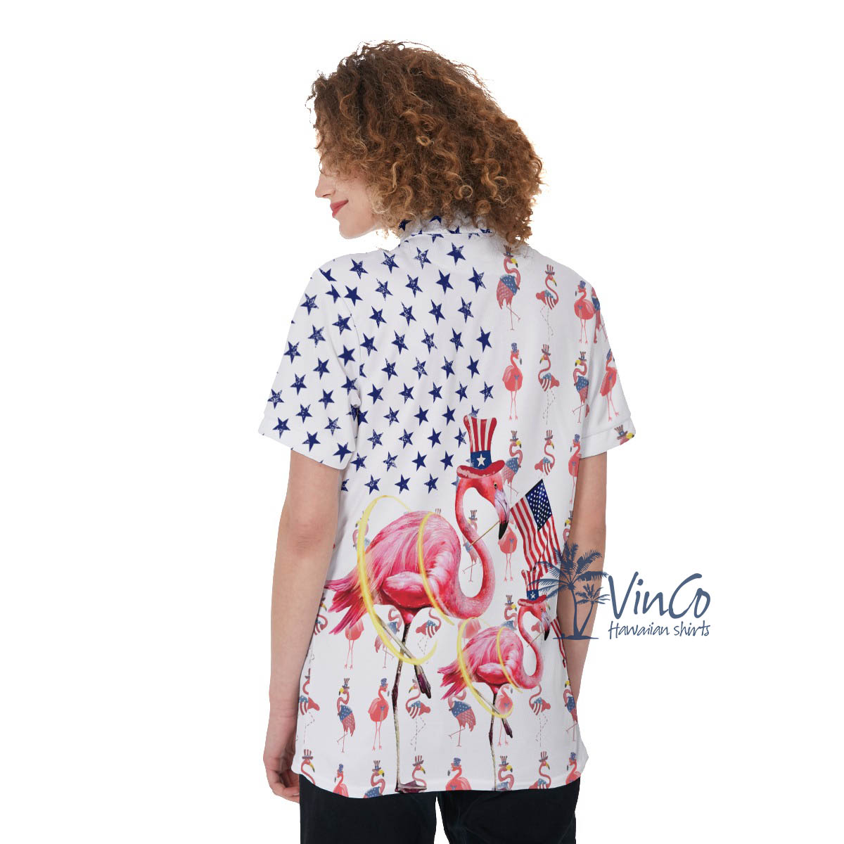 Funny Flamingo Patriotic Women's Hawaiian Polo Shirt