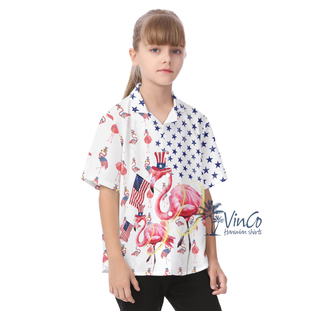 Cute Flamingo 4th Of July Hawaiian Button Up Shirt For Kids