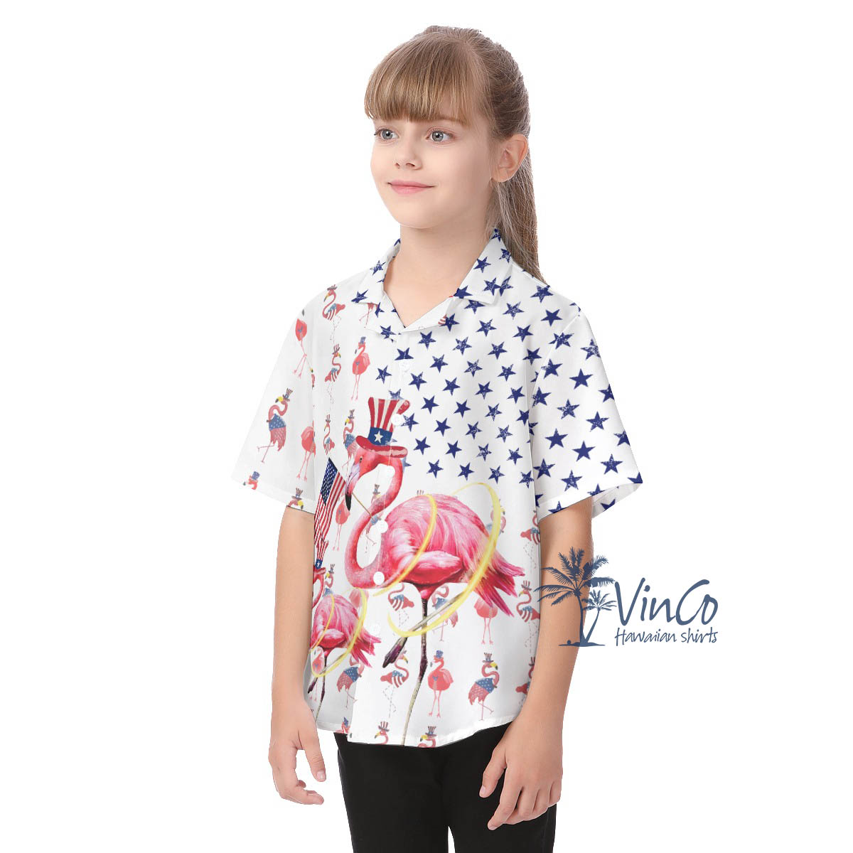 Cute Flamingo 4th Of July Hawaiian Button Up Shirt For Kids