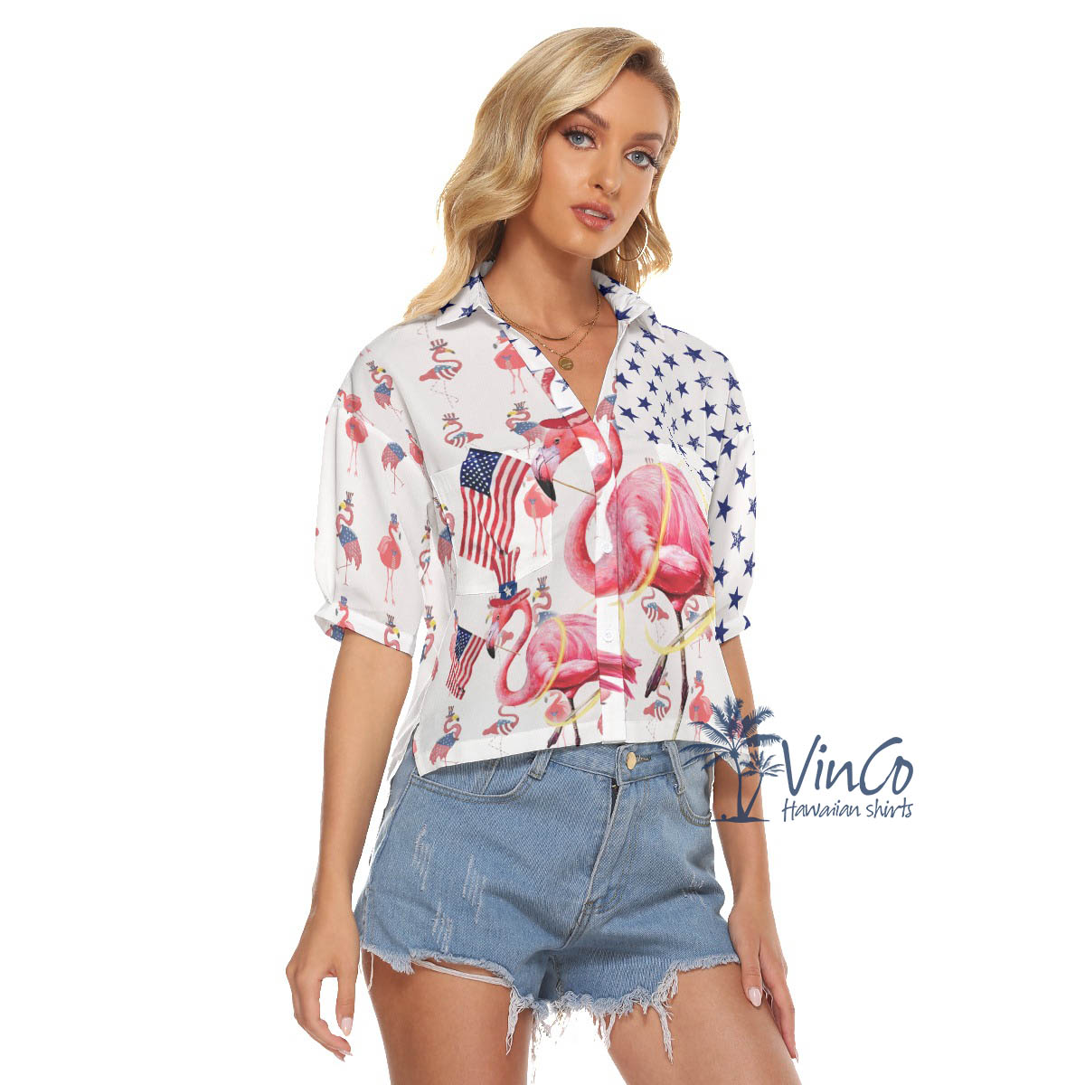 Funny Flamingo 4th Of July Hawaiian Crop Top Shirt For Women