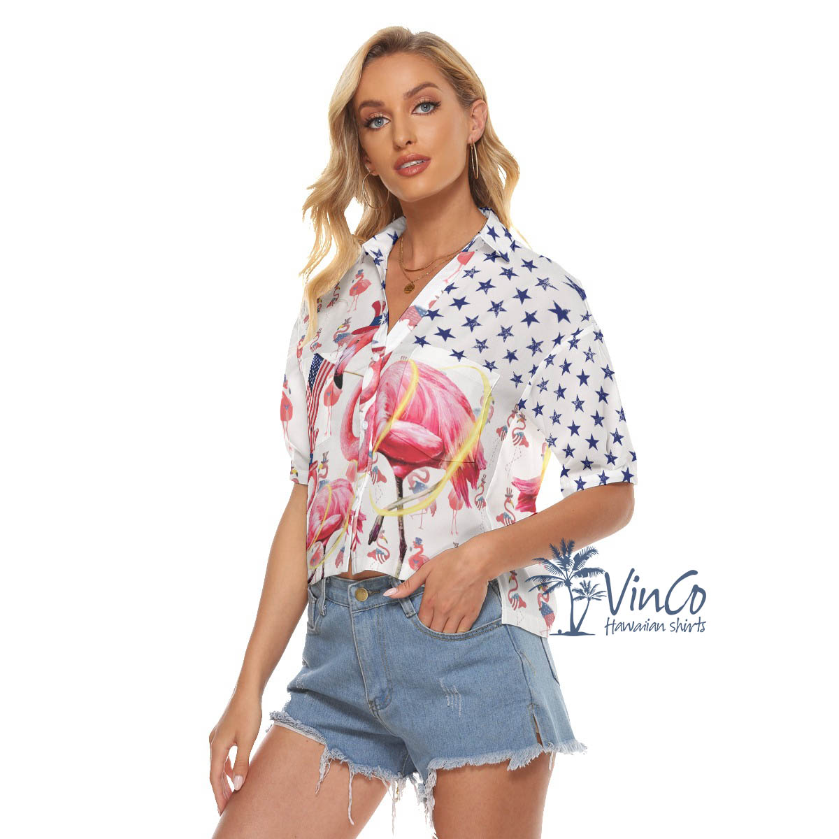 Funny Flamingo 4th Of July Hawaiian Crop Top Shirt For Women