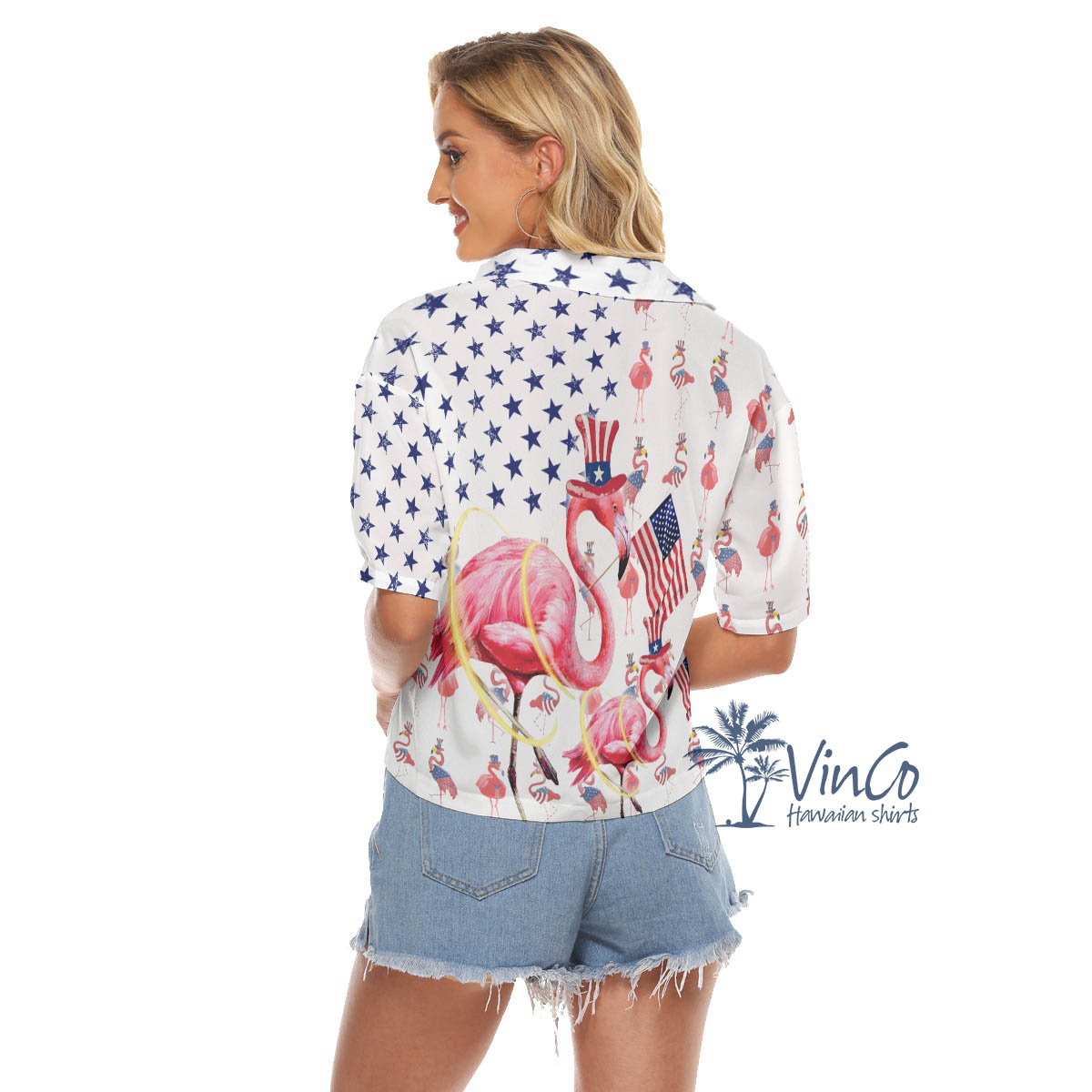 Funny Flamingo 4th Of July Hawaiian Crop Top Shirt For Women