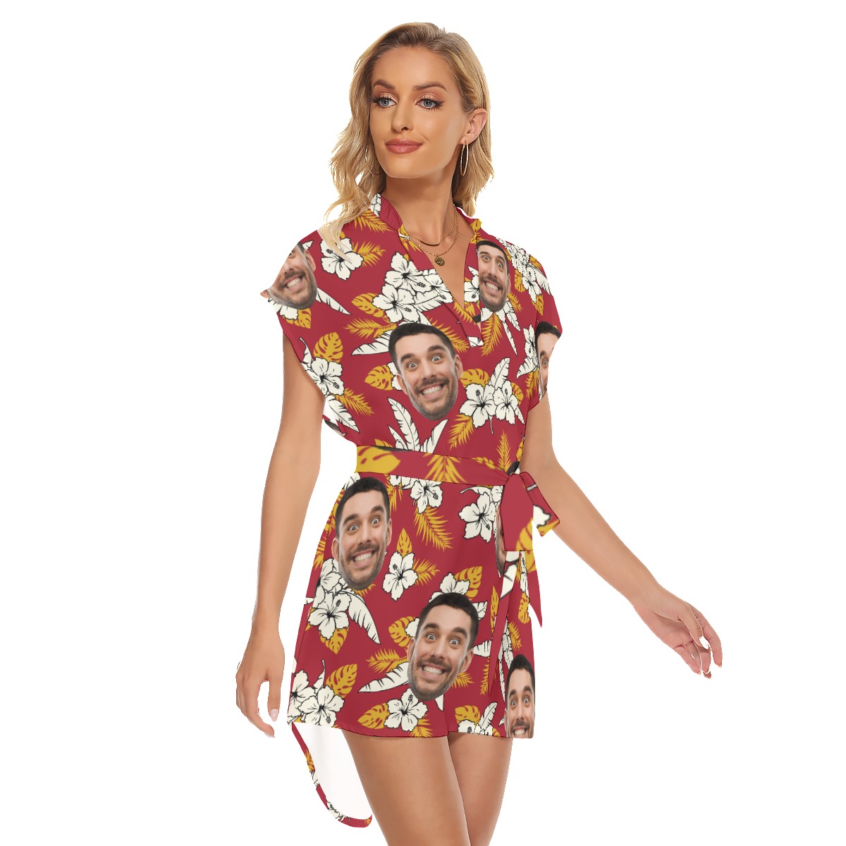 Floral Custom Face Red Women's Belted Dress