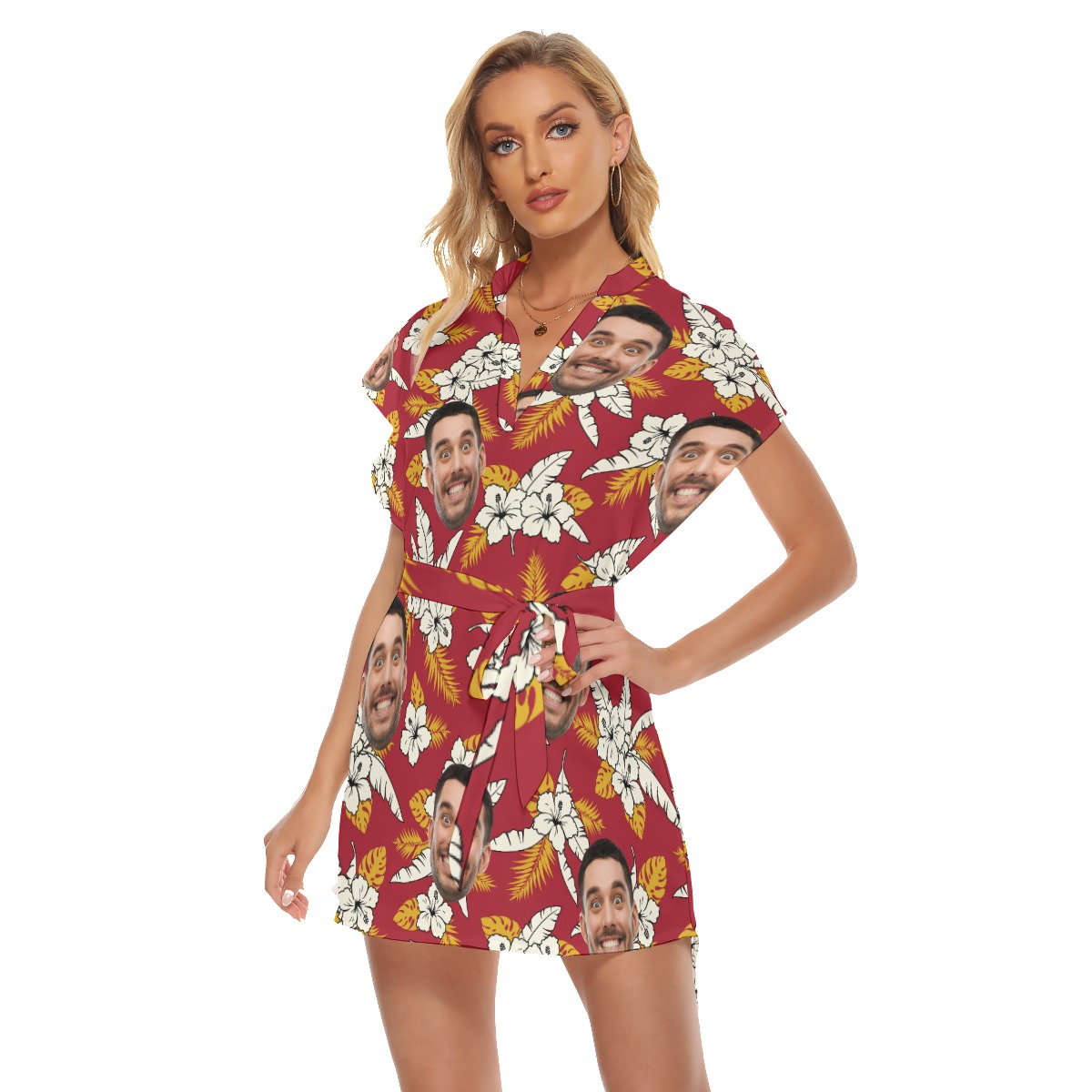 Floral Custom Face Red Women's Belted Dress