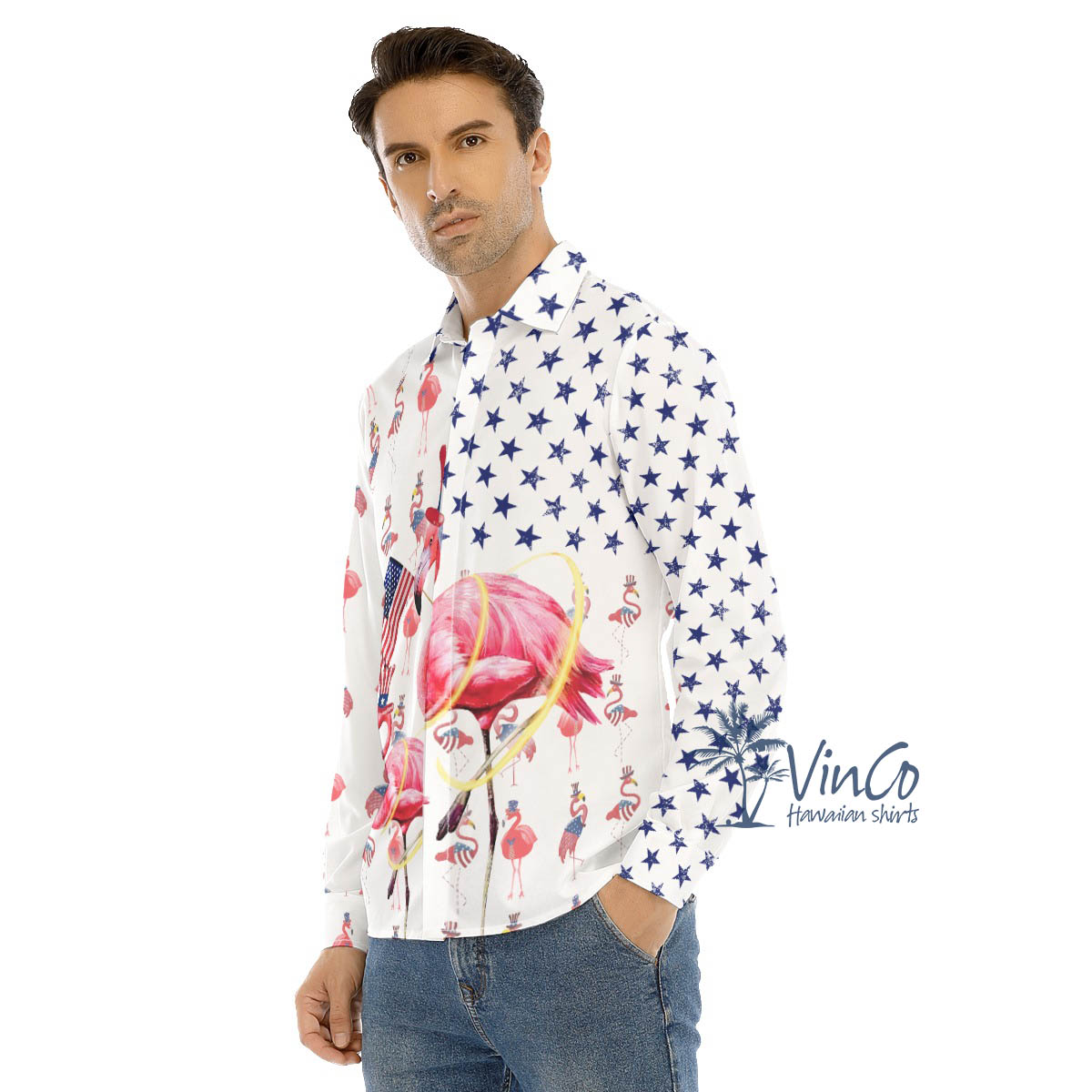 Funny Flamingo 4th Of July Hawaiian Long Sleeve Shirt For Men