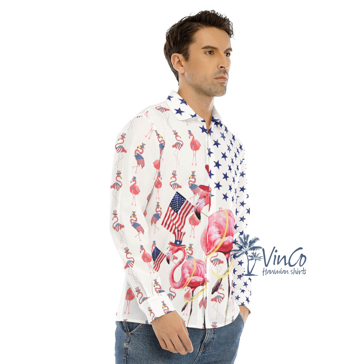 Funny Flamingo 4th Of July Hawaiian Long Sleeve Shirt For Men