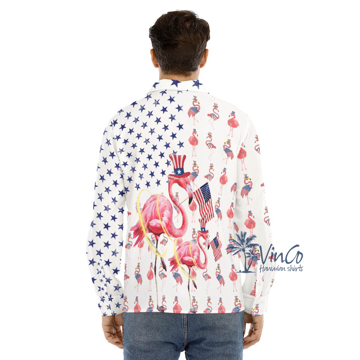 Funny Flamingo 4th Of July Hawaiian Long Sleeve Shirt For Men