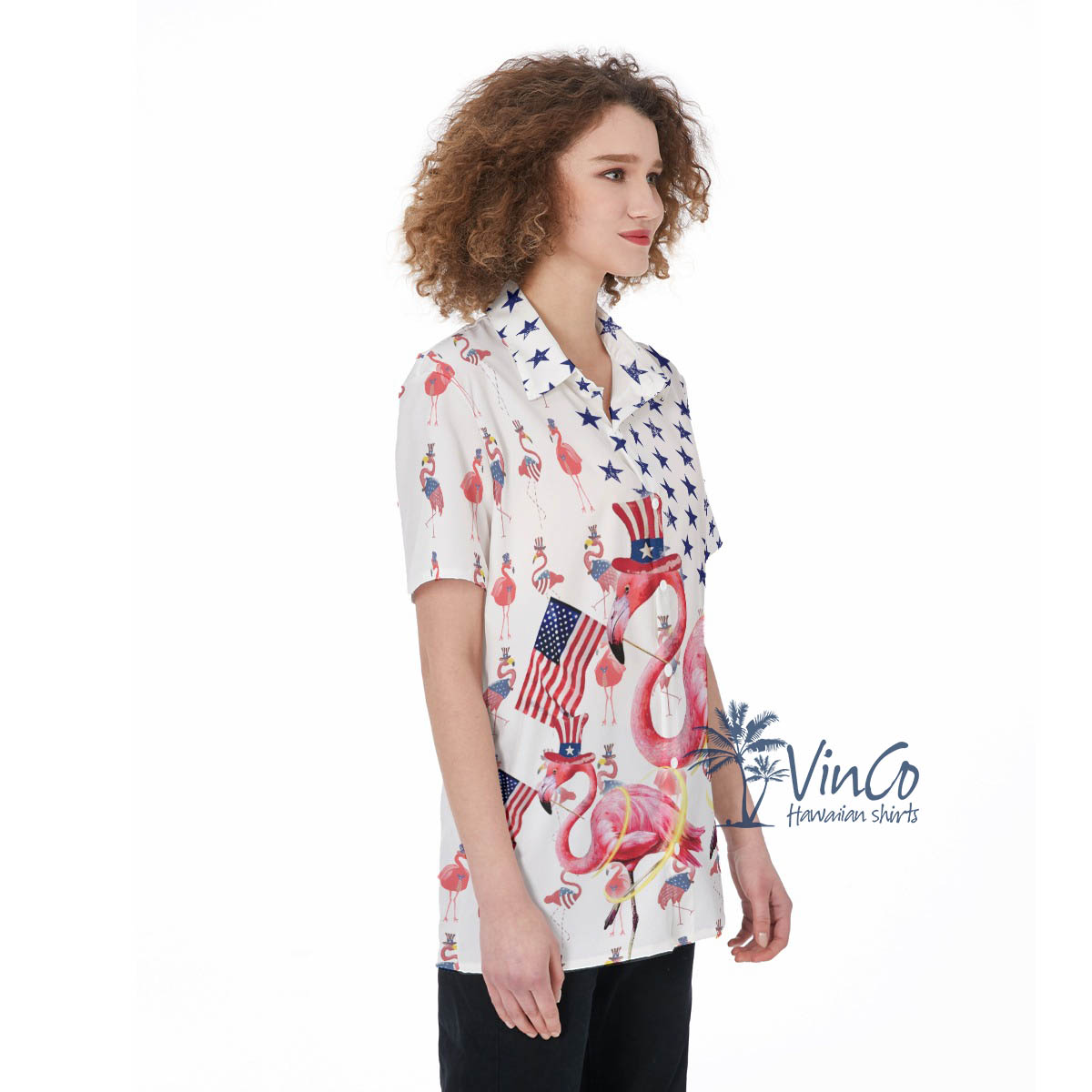 Women's Patriotic Flamingo Hawaiian Button Up Shirt