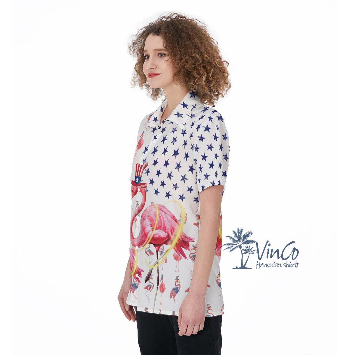Women's Patriotic Flamingo Hawaiian Button Up Shirt