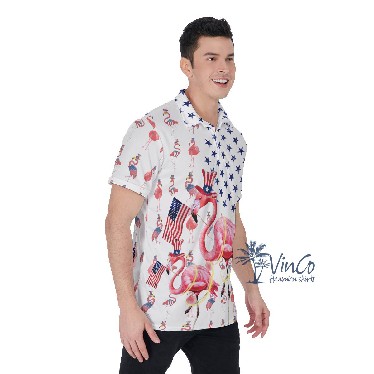 Funny Flamingo Patriotic Hawaiian Polo Shirt For Men