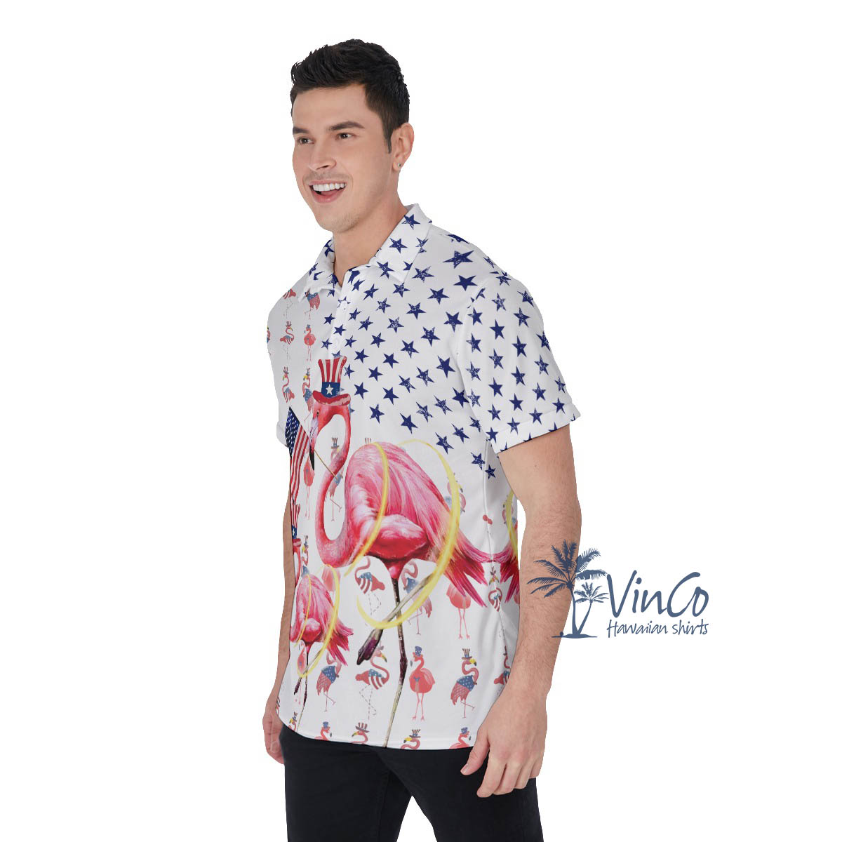 Funny Flamingo Patriotic Hawaiian Polo Shirt For Men