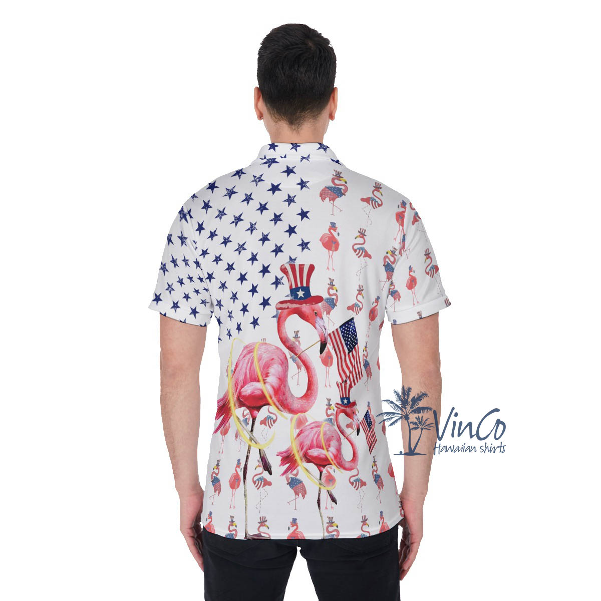 Funny Flamingo Patriotic Hawaiian Polo Shirt For Men