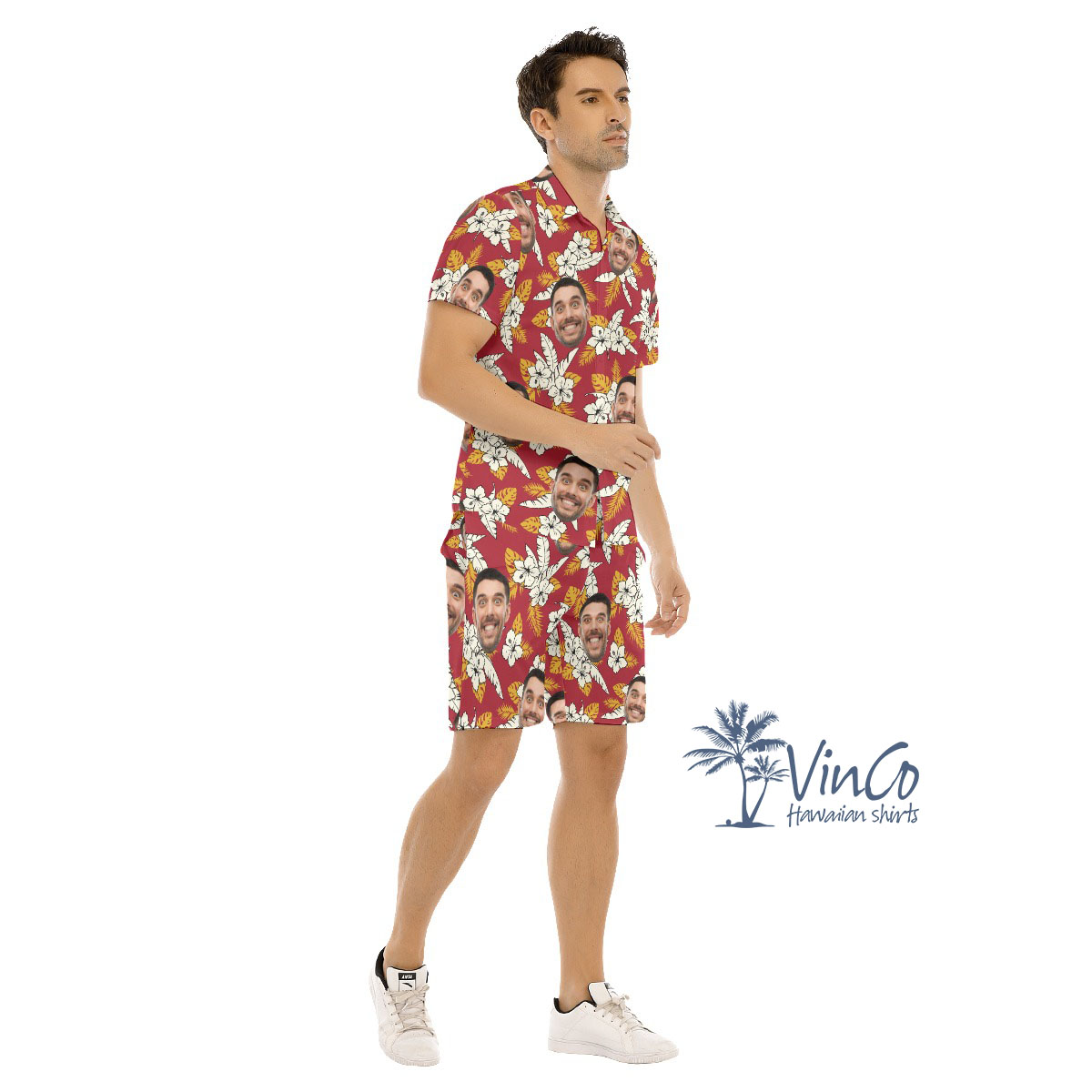 Floral Custom Face Red Men's Hawaiian Set