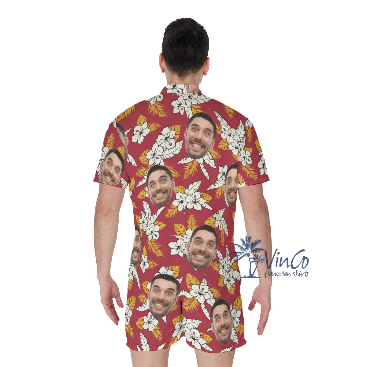 Floral Custom Face Red Men's Hawaiian Romper