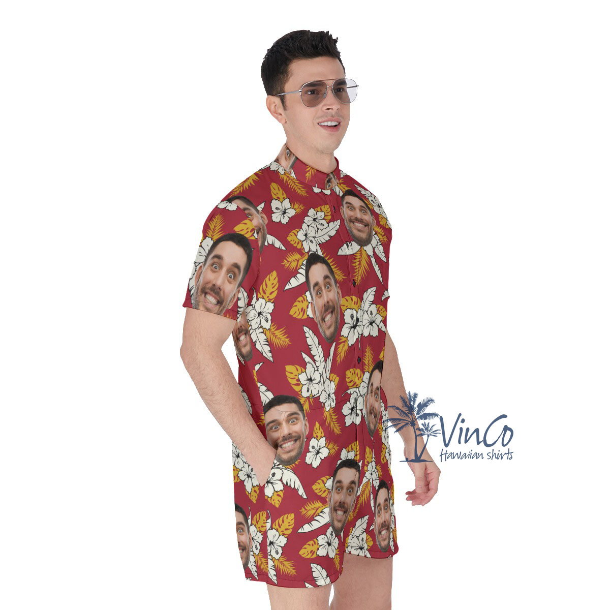 Floral Custom Face Red Men's Hawaiian Romper