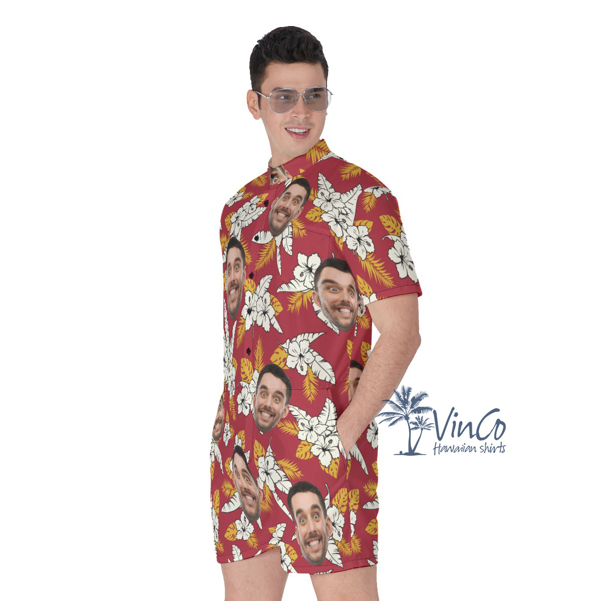 Floral Custom Face Red Men's Hawaiian Romper