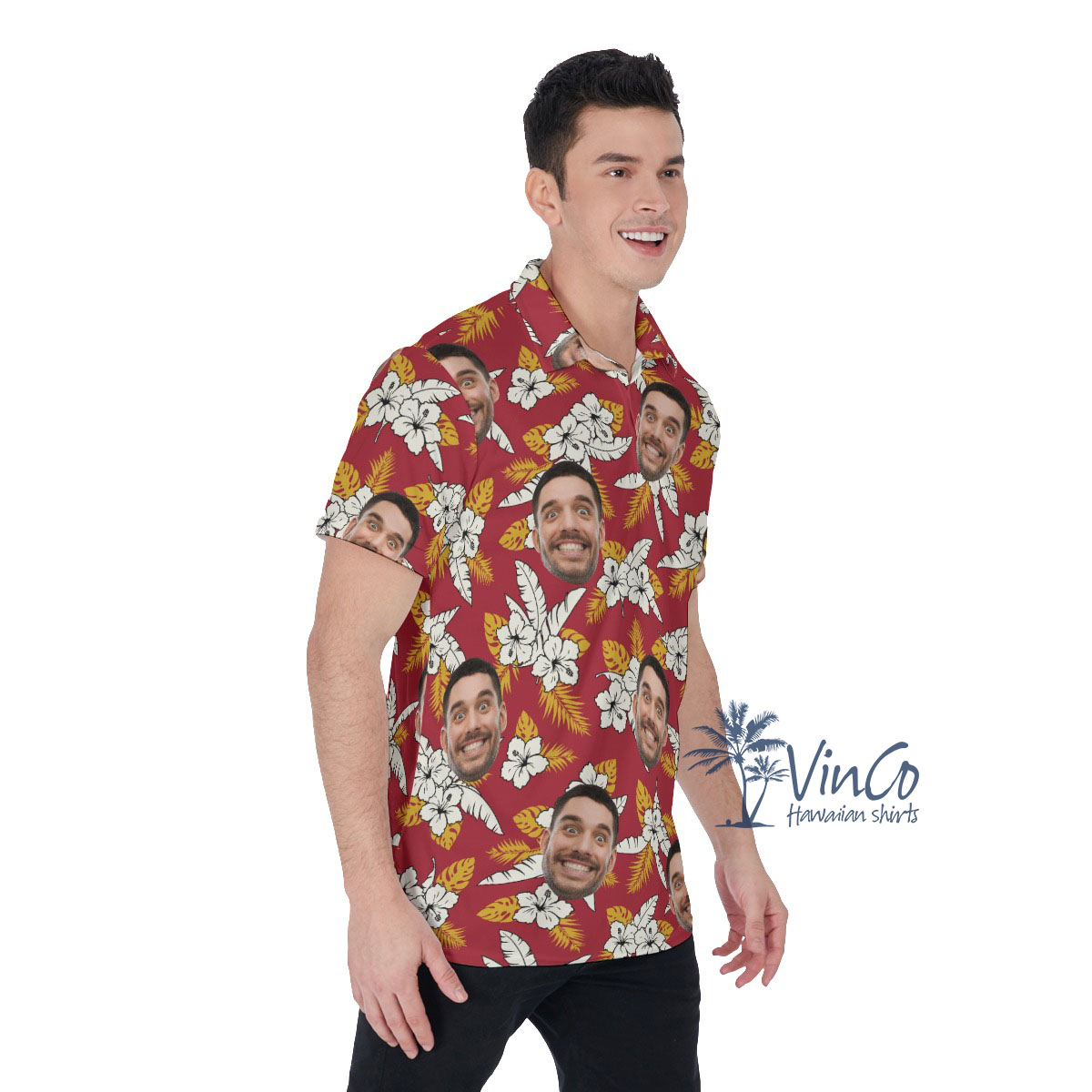 Floral Custom Face Red Men's Hawaiian Polo Shirt
