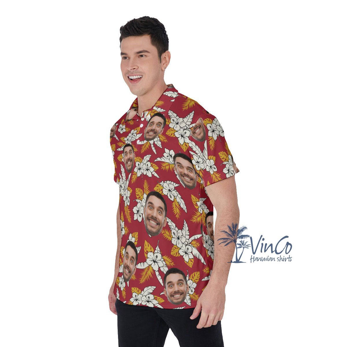 Floral Custom Face Red Men's Hawaiian Polo Shirt