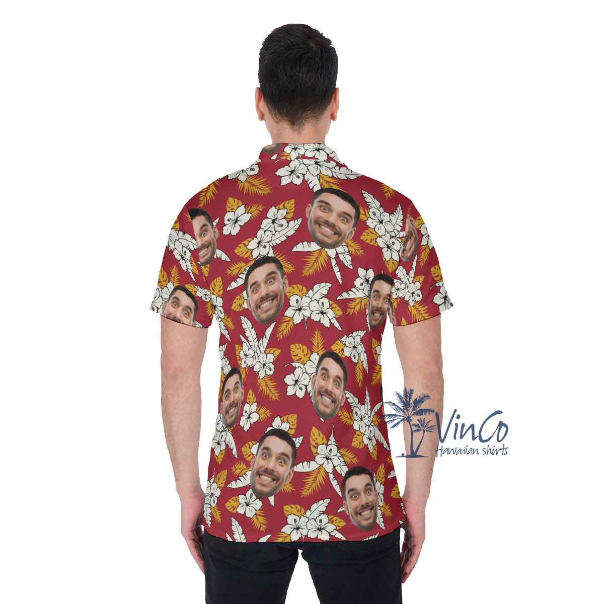 Floral Custom Face Red Men's Hawaiian Polo Shirt