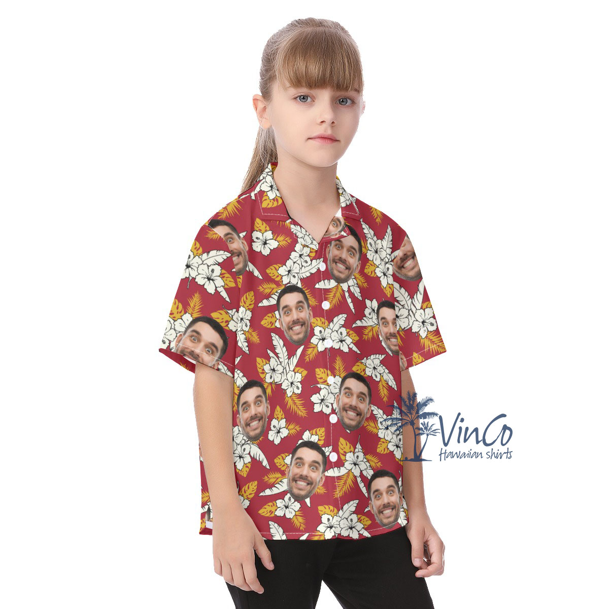 Floral Custom Face Red Kid's Hawaiian Shirt With Face