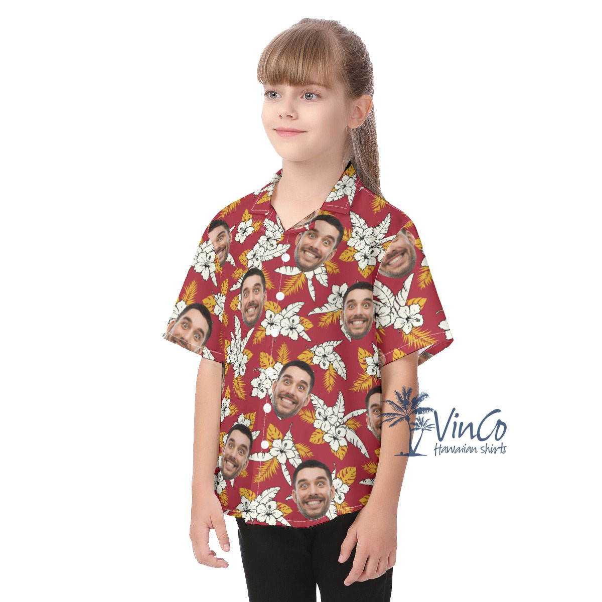 Floral Custom Face Red Kid's Hawaiian Shirt With Face