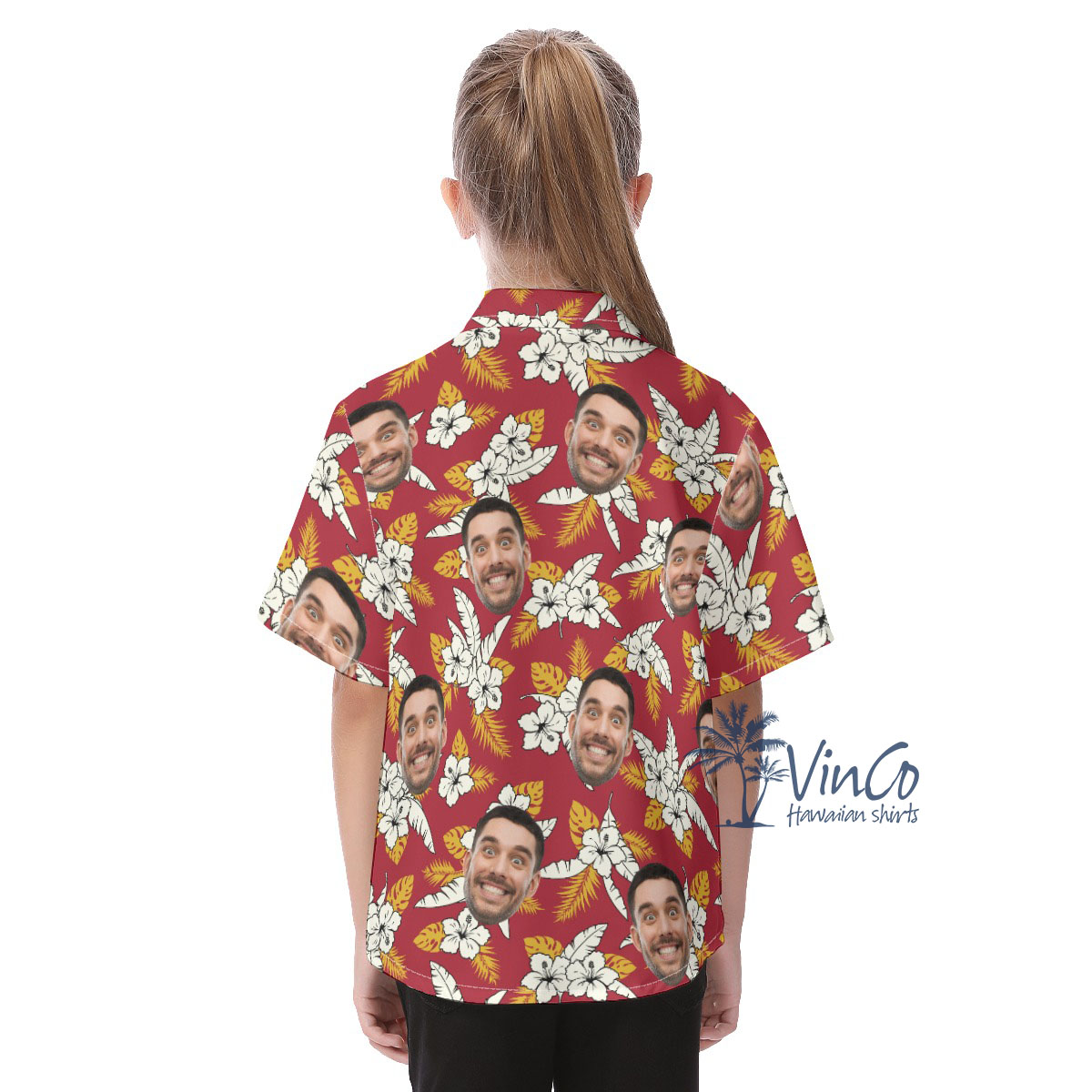 Floral Custom Face Red Kid's Hawaiian Shirt With Face
