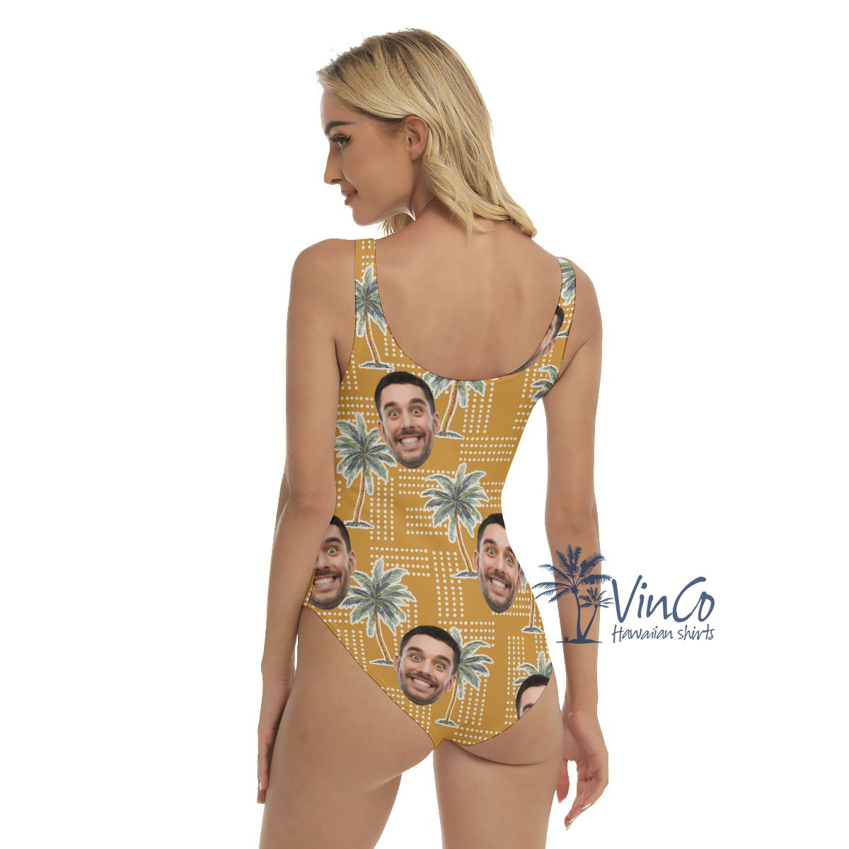 Unique Palm Tree Yellow Custom Swimsuit With Multiple Faces