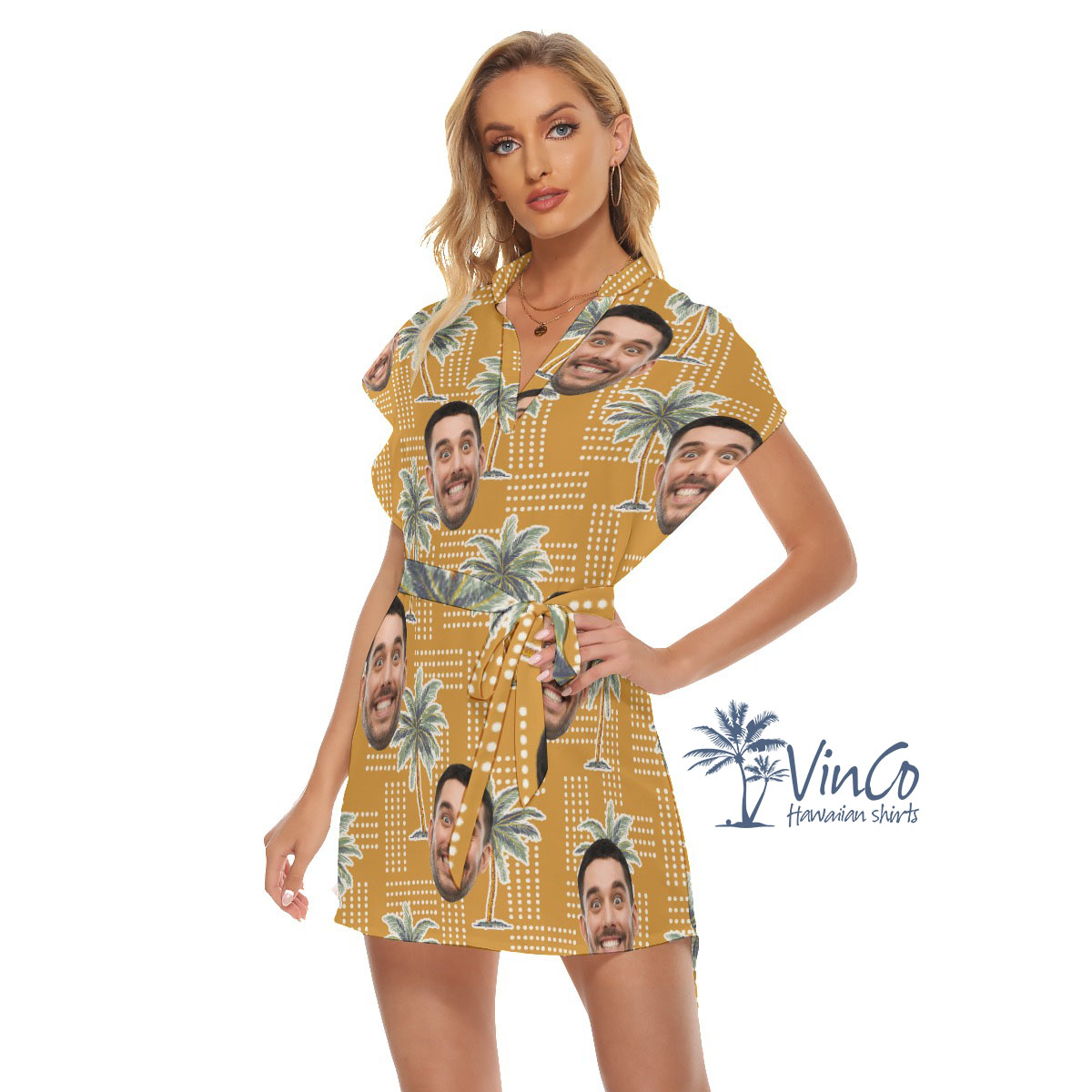 Unique Palm Tree Yellow Women's Belt Dress With Custom Face