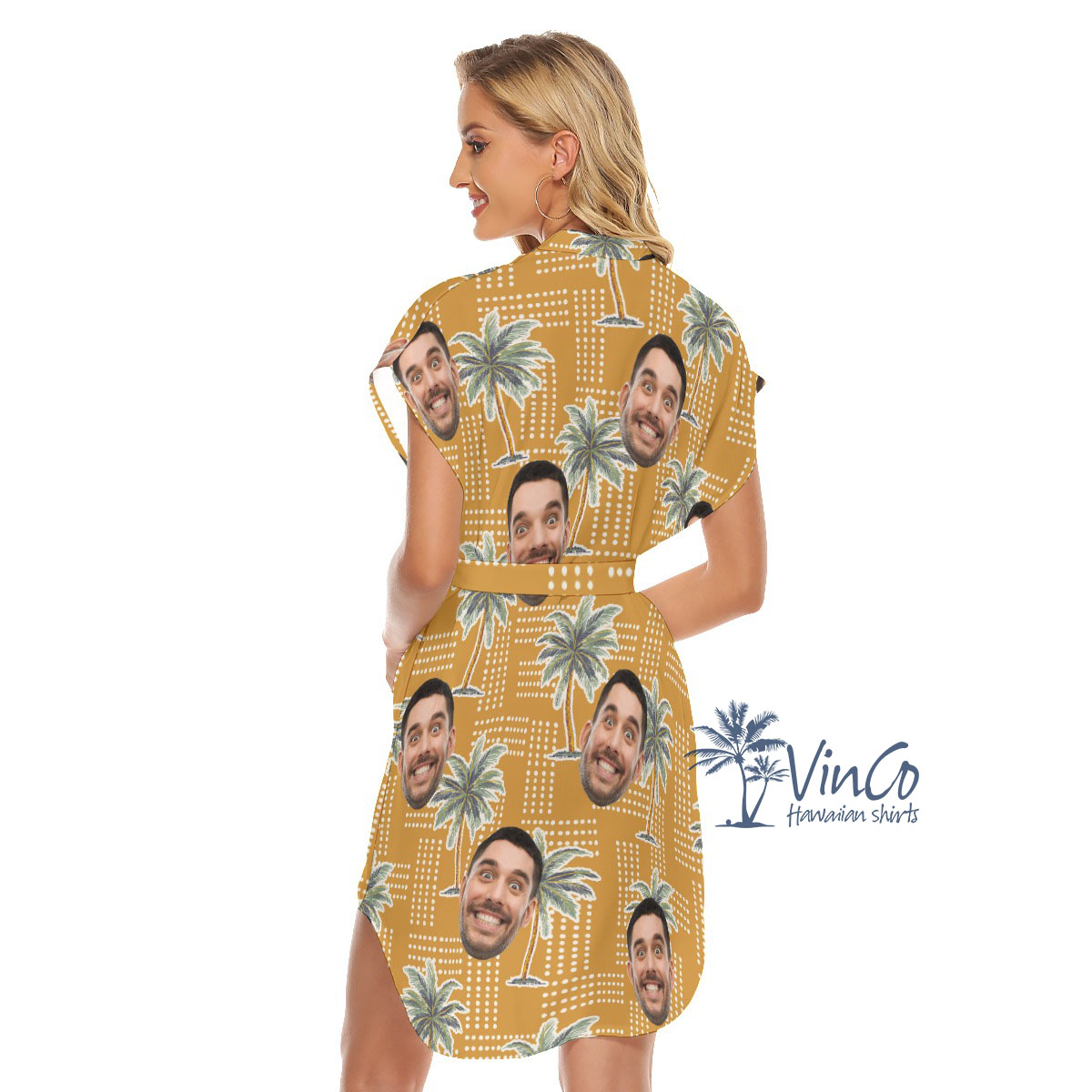 Unique Palm Tree Yellow Women's Belt Dress With Custom Face