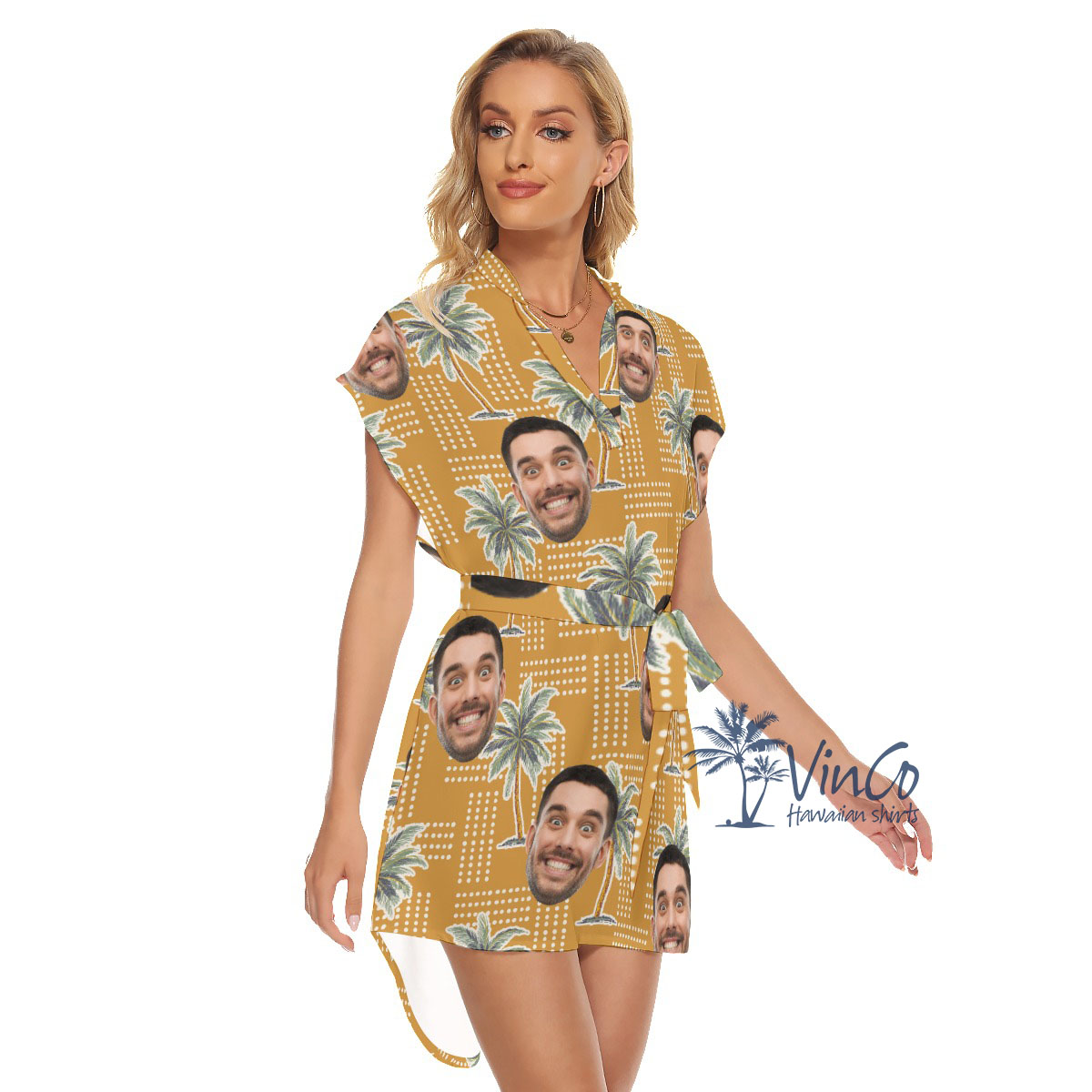 Unique Palm Tree Yellow Women's Belt Dress With Custom Face