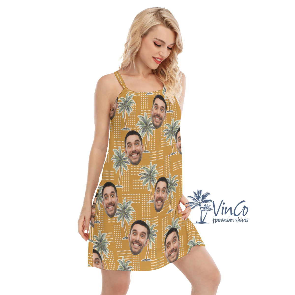 Palm Tree Yellow Custom Cami Dress With Multiple Faces