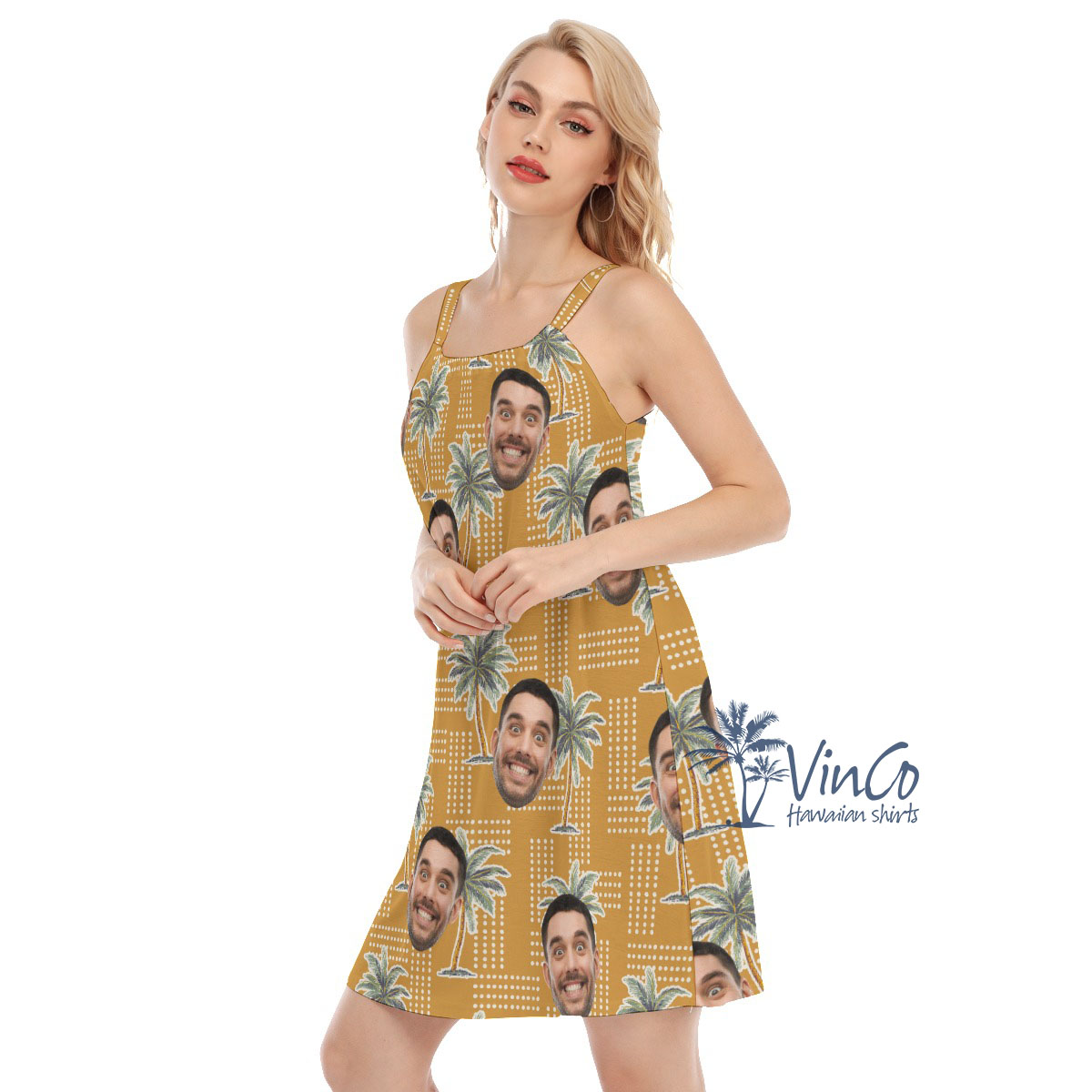 Palm Tree Yellow Custom Cami Dress With Multiple Faces