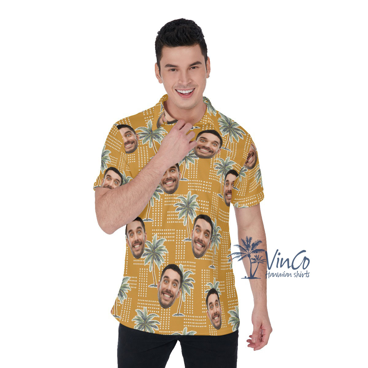 Vintage Palm Tree Custom Face Men's Hawaiian Polo Shirt - variant image 1