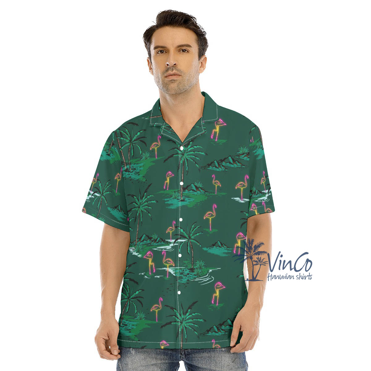 Green Pink Flamingo Aloha Shirt For Men - variant image 1