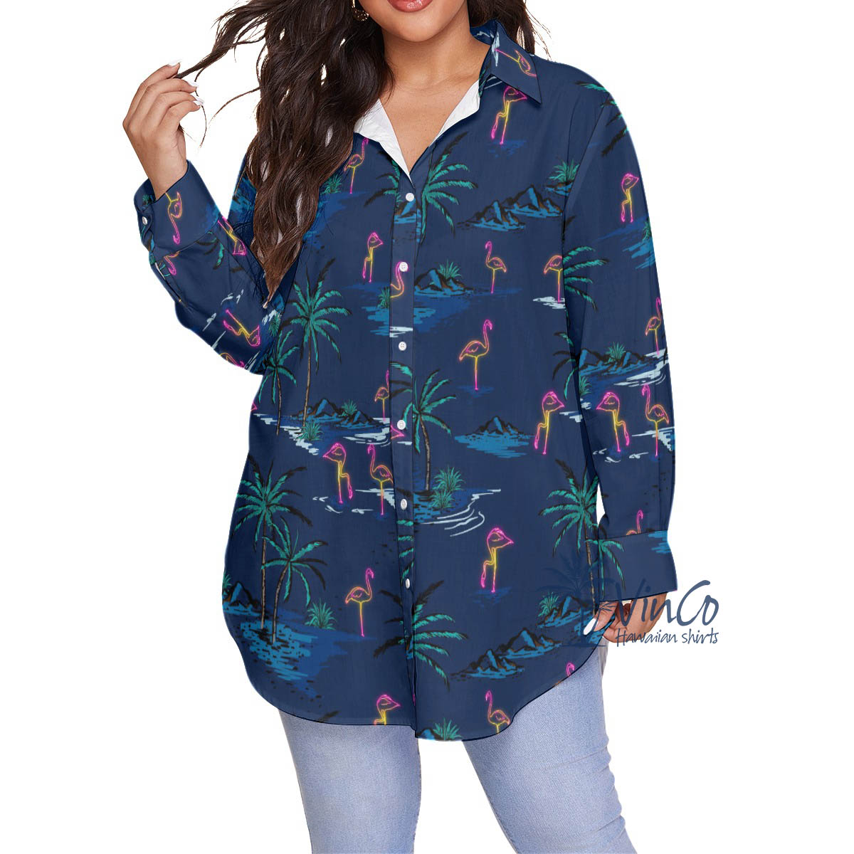 Navy Women's Flamingo Plus Size Aloha Shirt - variant image 1