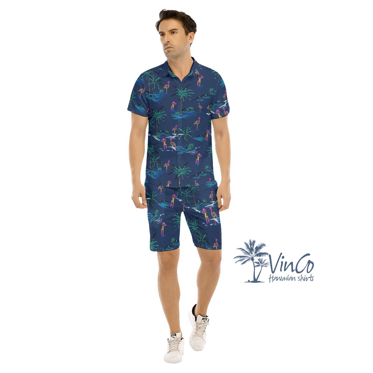 Navy Flamingo Aloha Shirt Shorts Set For Men - variant image 1