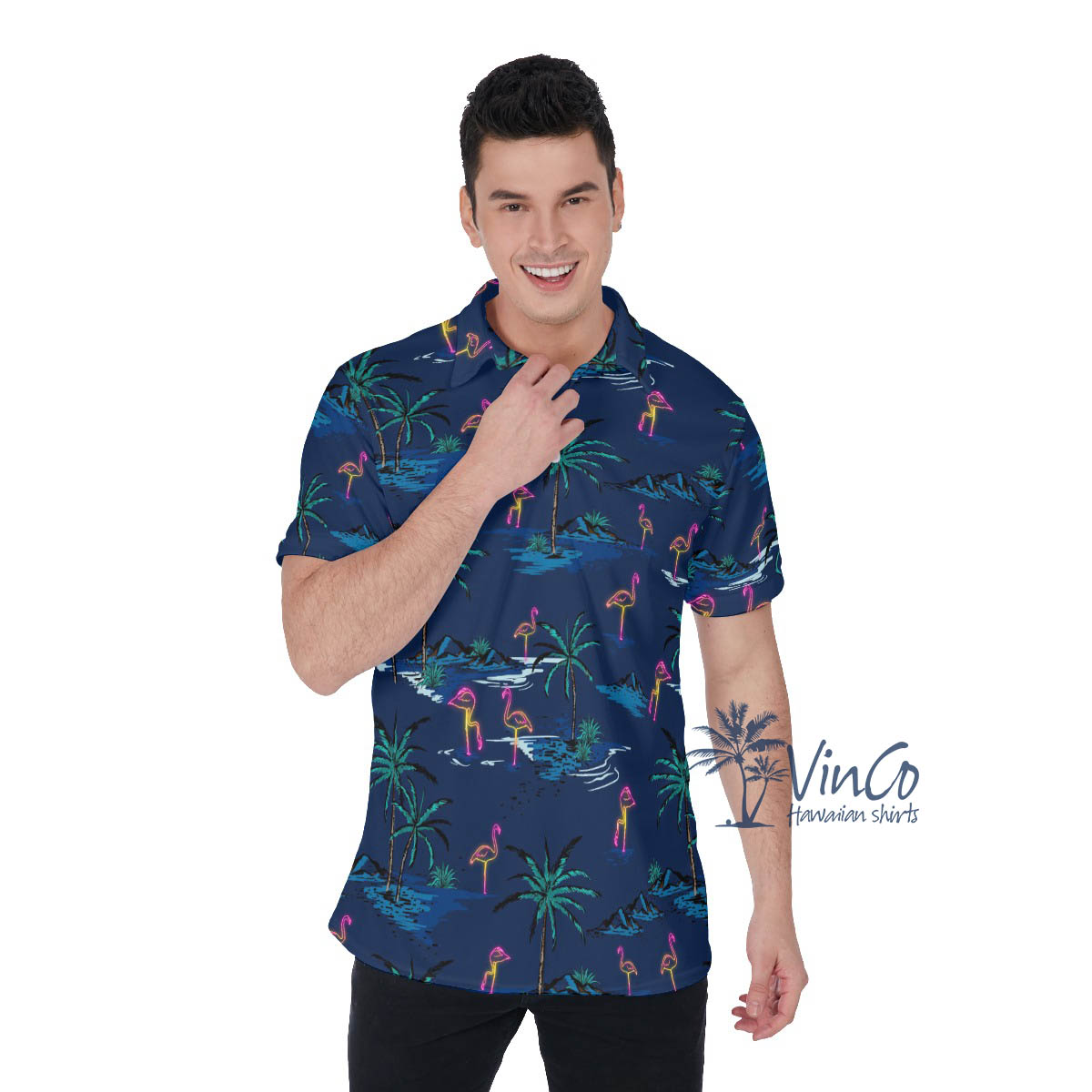 Navy Flamingo Hawaiian Golf Shirt For Men - variant image 1